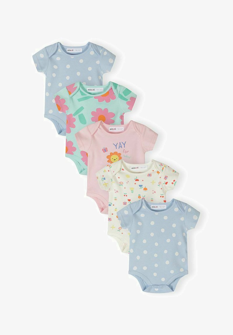 Cinci body-uri pentru bebeluși cu mâneci scurte, cu modele ce includ buline albastre și albe, flori roz și imprimeuri florale.