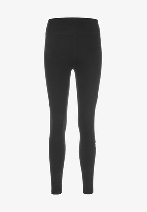 Black leggings with a high waistband, smooth texture, snug fit, and discreet logo detail on the side. Made from stretchy, lightweight material.