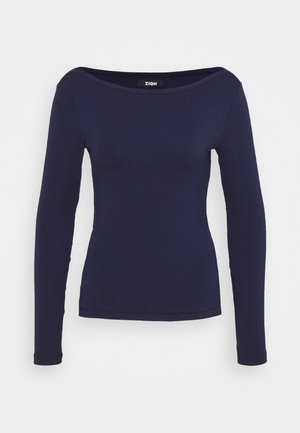 Chemise bleu marine cintrée à manches longues avec large encolure bateau, confectionnée en tissu lisse.