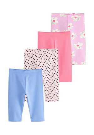 Neli paari põlvpikseid retuuse roosas toonis valgete lilledega, ühtlaselt roosa, heledad roosas mustade südametega ja ühtlaselt helesinine, paigutatud üksteise peale.