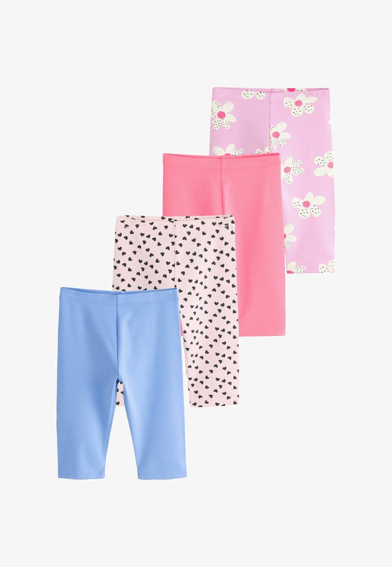 Quatre paires de leggings mi-genou : rose avec des fleurs blanches, rose unie, rose clair avec des cœurs noirs, et bleu clair uni, disposées en chevauchement.