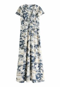 Rochie maxi din țesătură crem cu imprimeu peisagistic albastru. Decolteu în V, mâneci scurte și talie ajustată, cu o fustă evazată. Design casual.