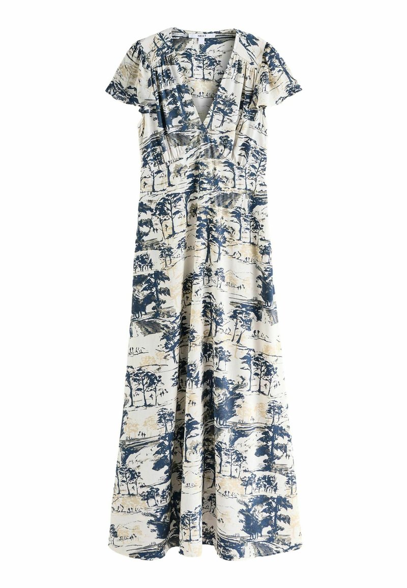 Rochie maxi din țesătură crem cu imprimeu peisagistic albastru. Decolteu în V, mâneci scurte și talie ajustată, cu o fustă evazată. Design casual.