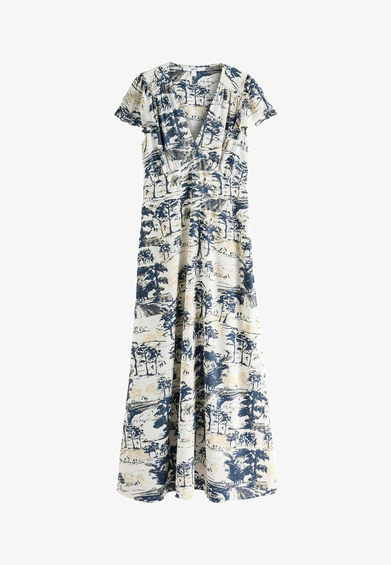 Vestido maxi con un estampado de paisaje en azul y crema, mangas cortas, escote en V y cintura fruncida para una silueta fluida.