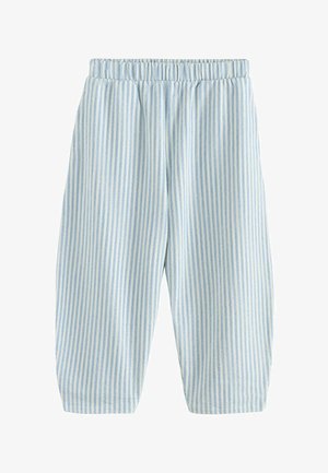 Gaiši zilas svītrainas īsas bikses ar elastīgu jostasvietu. Izgatavotas no mīksta auduma, rotātas ar vertikālām līnijām dažādā biezumā.