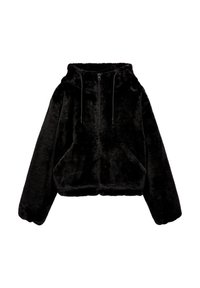 Black cropped hoodie made of soft faux fur, featuring a zip front, drawstring hood, and two front pockets for added utility.