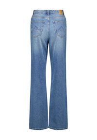 Pantalones vaqueros de mezclilla azul de pierna ancha con una cintura alta, que cuentan con dos bolsillos traseros y una etiqueta de cuero de la marca en la parte trasera de la cinturilla.