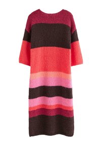 Strikkjole med brede striber i nuancer af pink, rød og brun. Løs pasform, rund halsudskæring og albuelange ærmer. Tekstureret stof.