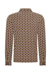 Camisa de manga larga en tejido burdeos que presenta un patrón repetitivo de hojas en amarillo y rojo. Textura suave con cuello y puños abotonados.