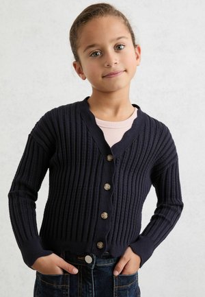 Cardigan a coste navy con scollo a V, sei bottoni marroni e orlo smerlato. Maniche lunghe e motivo a maglia testurizzata, indossato sopra una maglietta rosa.