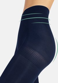 Granatowe legginsy o wysokim stanie z teksturowanym panelem, gładkiego materiału elastycznego oraz prążkowanymi akcentami w okolicy mankietu. Zaprojektowane z myślą o komforcie i dopasowaniu.