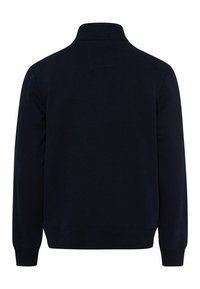 Sweat-shirt bleu marine à manches longues avec poignets et ourlet côtelés, montré de dos avec un col montant.