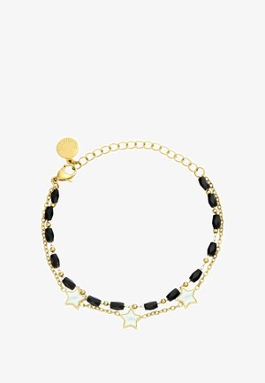 Bracciale in oro con due charm a stella bianchi, perle sfaccettate nere e dettagli dorati. Include un moschettone e una catena di estensione.
