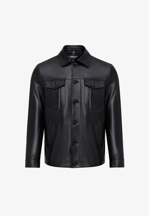 Black leather jacket with a collared neck, front button closure, two chest pockets, and side pockets. Smooth texture, tailored fit.