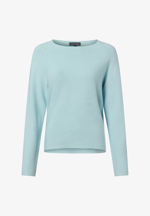 Pull bleu clair en tissu doux, avec un col rond, des manches longues et un ourlet droit orné de détails côtelés.