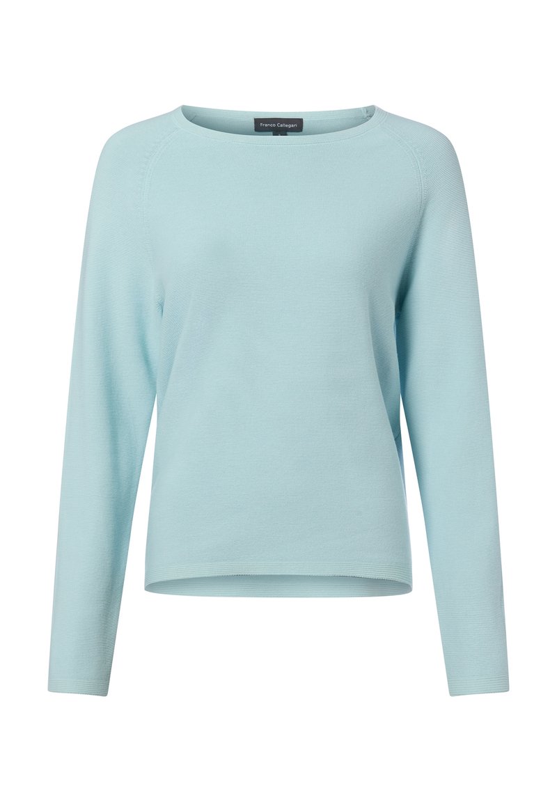 Lichtblauwe trui gemaakt van zachte stof, met een ronde hals, lange mouwen en een rechte zoom met geribbelde accenten.