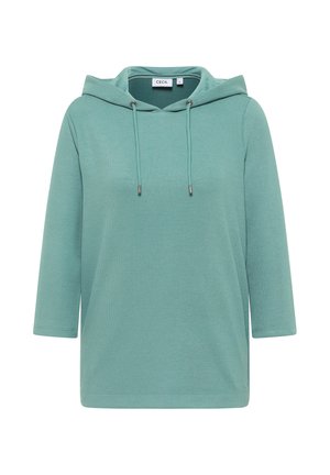 Sudadera verde acuática con capucha y mangas de tres cuartos, hecha de tela acanalada. Cuenta con cordones y un corte holgado.