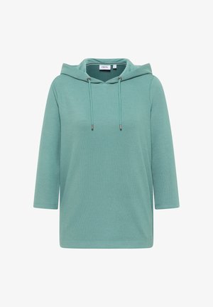 Haut à capuche vert aquatique avec des manches trois-quarts, réalisé en tissu côtelé. Doté de cordons de serrage et d'une coupe décontractée.