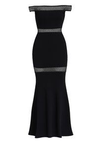 Mustat off-the-shoulder -mekko, jossa on istuva bodice, laaja helma ja geometrisesti kuvioitu trimmi kaula-aukossa ja vyötäröllä. Tasainen kankaan rakenne.
