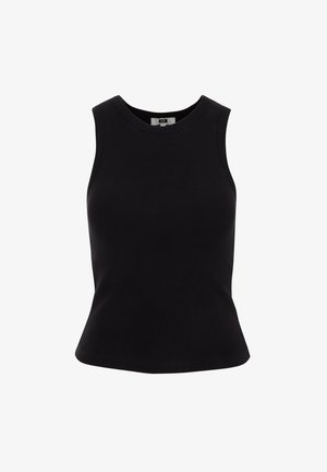 Top negro sin mangas hecho de tela acanalada, con un escote redondo y una forma ajustada que se ensancha ligeramente en el dobladillo. No se observan patrones.