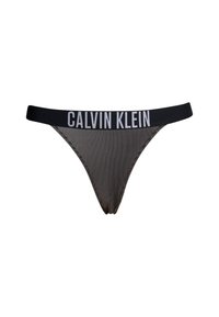 Tanga s crno-bijelim prugama i širokim crnim pojasom s "CALVIN KLEIN" logotipom u bijeloj boji. Glatka tkanina s dizajnom minimalnog prekrivanja.