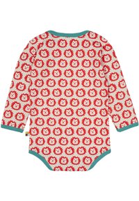 Langarm-Baby-Body in Creme mit einem wiederholten Löwenkopf-Muster in Rot und Beige. Verfügt über eine hellblaue Einfassung am Hals und an den Bündchen.