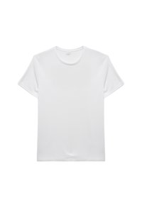 Camiseta blanca de manga corta hecha de tela suave, con un escote redondo y dobladillo recto, sin patrones ni adornos visibles.