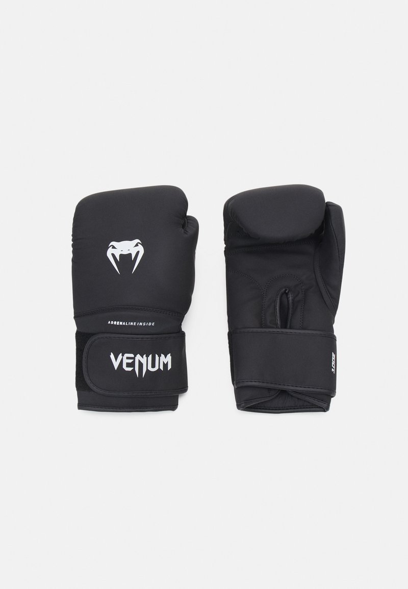 Luvas de boxe pretas com uma textura suave, apresentando um logótipo branco da Venom e uma faixa ajustável com fecho de velcro para um ajuste seguro.