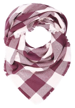 Miękki szal z dużym, bordowo-białym kwadratowym wzorem i postrzępionymi krawędziami, złożony w okrągły kształt.