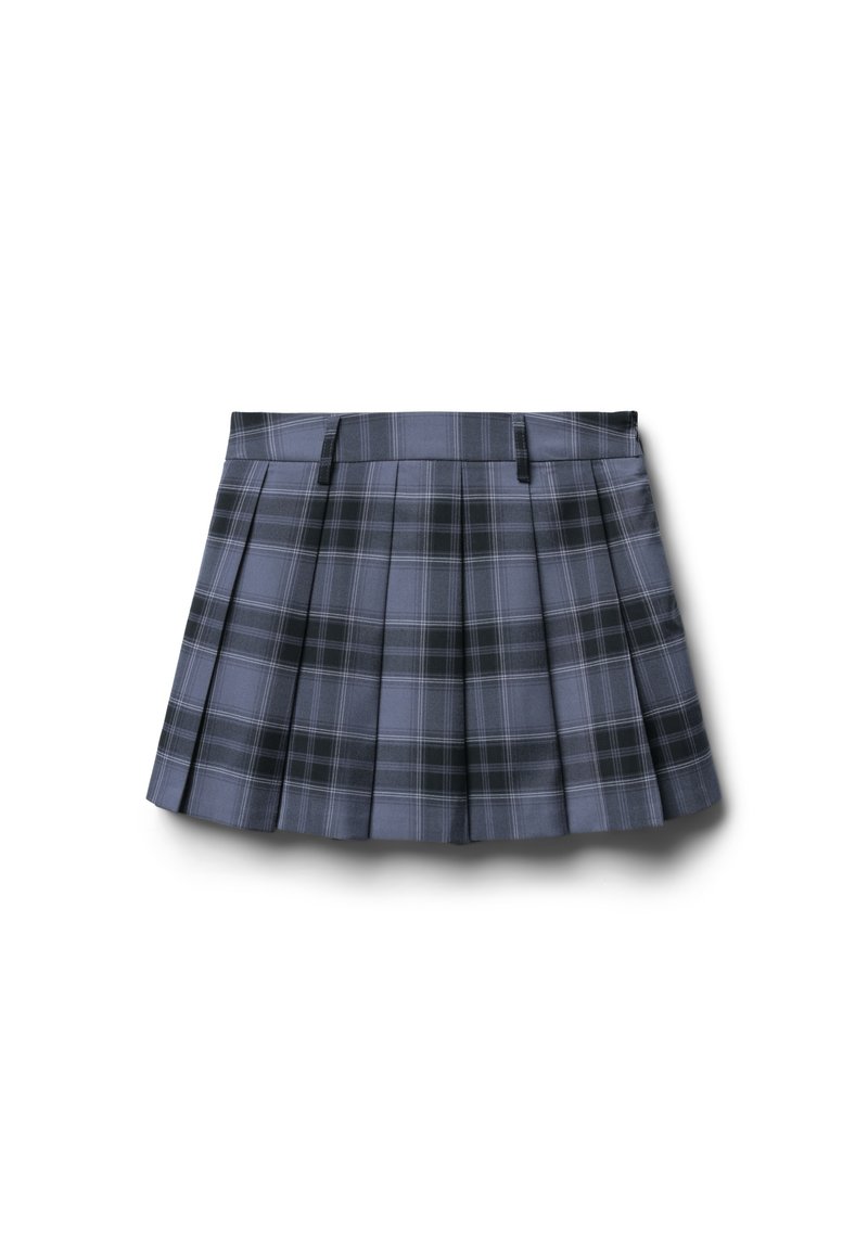 Gonna plissettata a quadri in tonalità di grigio, caratterizzata da un design strutturato con una vita piatta e numerosi pieghe nette per un tocco di texture in più.