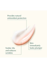 Deux échantillons de crème étiquetés avec les bienfaits : protection antioxydante naturelle, effet liftant visible et réduction des rides, et la peau paraît immédiatement plus rebondie.