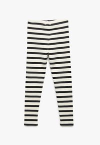 Svarta och krämfärgade randiga leggings med ett smalt midjeband, tillverkade av ett mjukt och stretchigt material. Vertikala ränder jämnt fördelade över plagget.