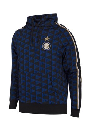 Zwart-blauwe capuchontrui met herhalend "INTER"-patroon, gouden ster en cirkelvormig embleem op de borst, en wit-goud gestreepte mouwen.