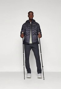 Sort quiltet dunjakke med hætte, gråt indre lag og mørke bukser. Holder vandrestave, iført lyse sko. Simpelt design.