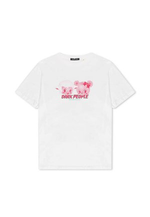 Weißes Baumwoll-T-Shirt mit einer Grafik von zwei Cartoon-Tieren, mit pinken Akzenten und dem Text "DARK PEOPLE" in fetten blauen Buchstaben.