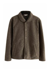 Braune Wollmischung Jacke mit einem runden Kragen, vorderer Knopfverschluss, zwei Seitentaschen und kontrastierender Umrandung entlang der Kanten.