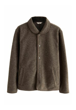Brown wool blend jacket with a rounded collar, front button closure, two side pockets, and contrasting trim along the edges.