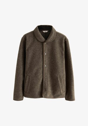 Veste en mélange de laine marron avec un col arrondi, fermeture à boutons sur le devant, deux poches latérales et des finitions contrastées le long des bords.