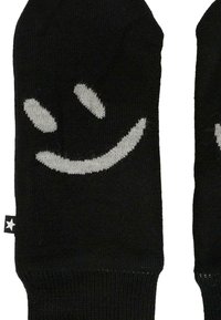 Czarne dziane rękawiczki z szarym wzorem uśmiechniętej buźki. Rękawiczki mają ściągacz i małe logo gwiazdki na boku.