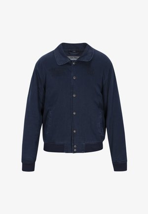 Tumedat sinine jakk puuvillase segu kangast, mis on varustatud nööpidega esiosa, ringikujulise kraega, küljetaskutega ja tikitud ankrudetailiga.