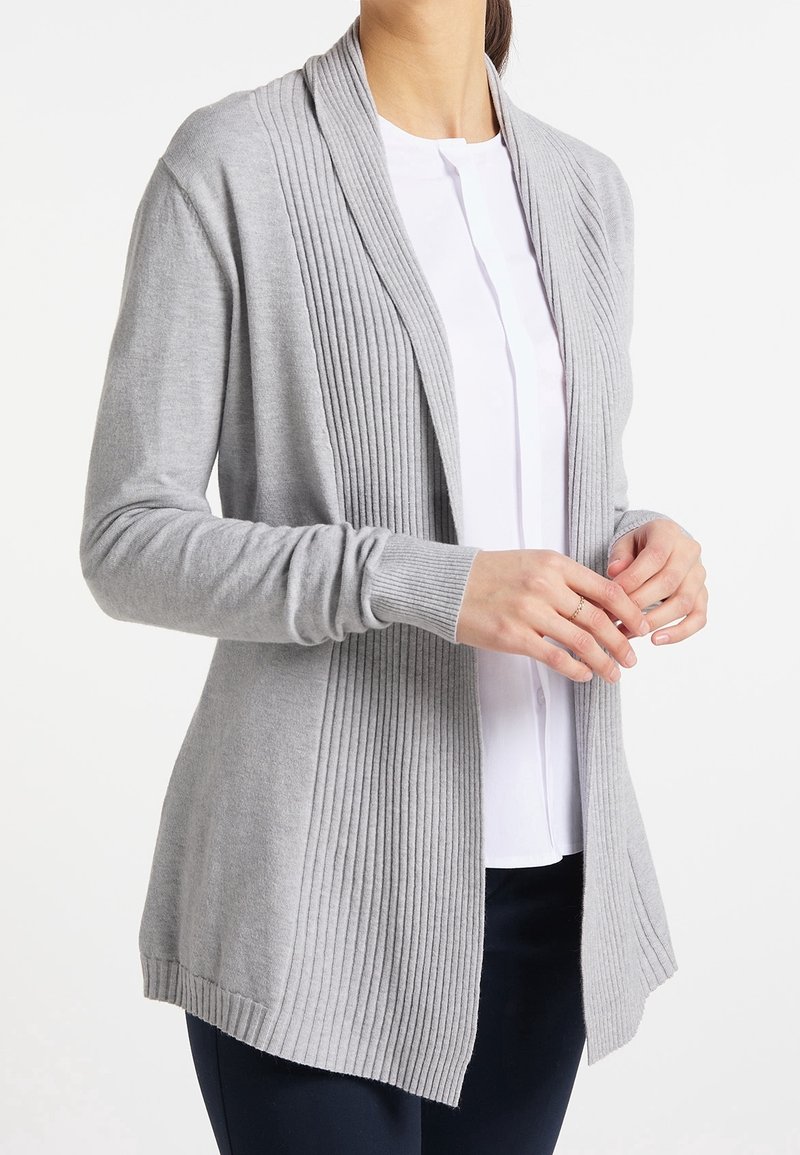 Light gray cardigan made of soft knit fabric, featuring ribbed detailing along the front, open front design, and long sleeves.