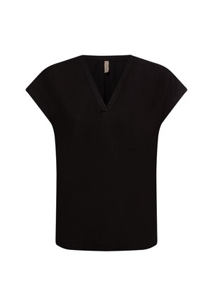 Top nero a maniche corte con scollatura a V. Realizzato in tessuto testurizzato, presenta una vestibilità rilassata e un orlo dritto. Design semplice e classico.
