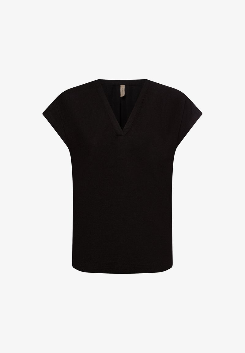 Zwarte top met korte mouwen en een V-hals. Gemaakt van textuurstof, heeft een losse pasvorm en een rechte zoom. Simpel, klassiek ontwerp.