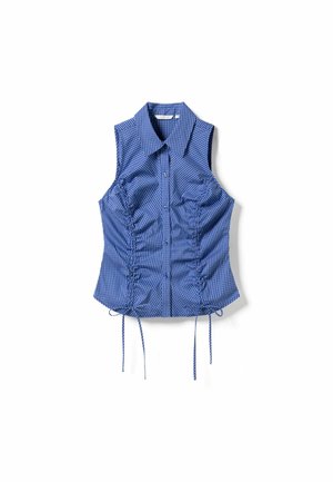 Ujjatlan kék kockás gombos blúz gallérral, ráncolt oldalakkal és állítható húzózsinórokkal az alján.