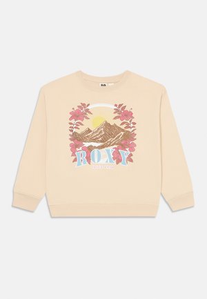 Beige Sweatshirt mit einem Grafikdesign von einem Berg und der Sonne, umgeben von pinken Blumen. Das "ROXY"-Logo in Blau befindet sich unter dem Design. Klassischer Schnitt, lange Ärmel.