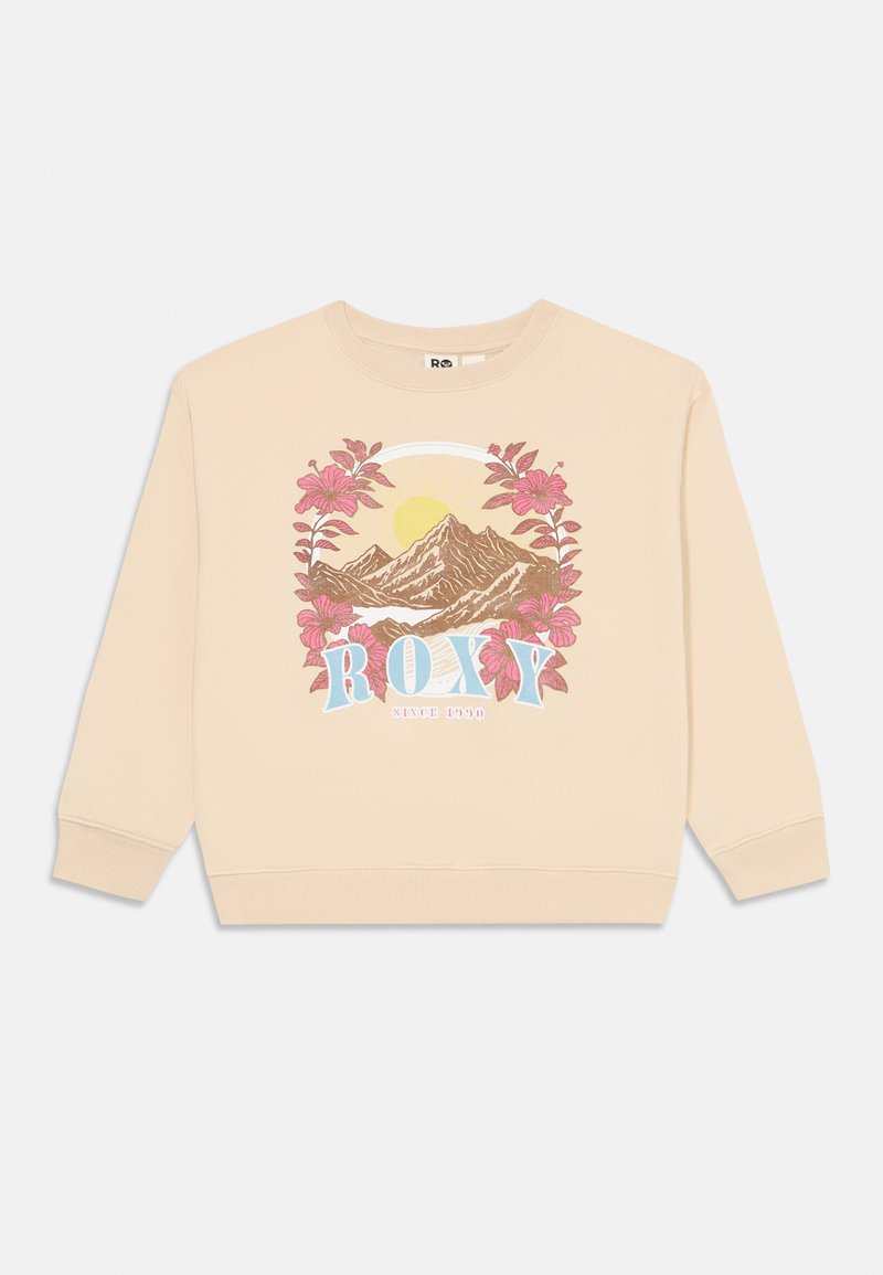 Felpa beige con grafica di una montagna e un sole, circondata da fiori rosa. Logo "ROXY" in blu sotto il design. Vestibilità classica, maniche lunghe.