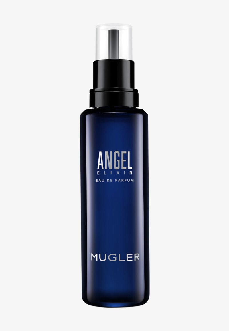 Tall dark blue spray bottle labeled Angel Elixir Eau de Parfum by Mugler with black pump and clear plastic cap.