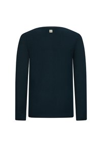 Schwarzes Langarmshirt aus weichem Stoff, mit rundem Ausschnitt, geradem Schnitt und einem kleinen Logoetikett auf der Rückseite.