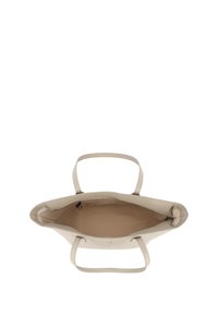 Beige tote bag med to håndtag, lynlåslukning og en glat tekstur. Indvendigt har den en lys foring og minimal branding.
