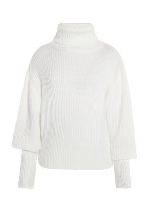 Biały, oversize'owy sweter z golfem o prążkowanej fakturze, z długimi rękawami i luźnym krojem, charakteryzuj�ący się teksturowanym materiałem i minimalistycznym designem.